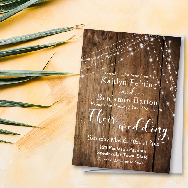 Rustic Brown Wood, White Light Strings Wedding 2 Invitation (Creator Uploaded)