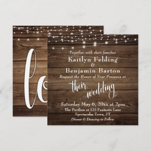 Rustic Brown Wood White Lights & Script, Wedding Invitation