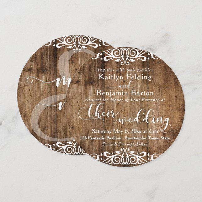 Rustic Brown Wood & White Typography Wedding 2c Invitation (Front/Back)