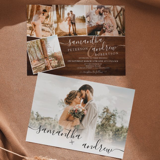 Rustic brown wood winter script 5 photos wedding invitation (Creator Uploaded)