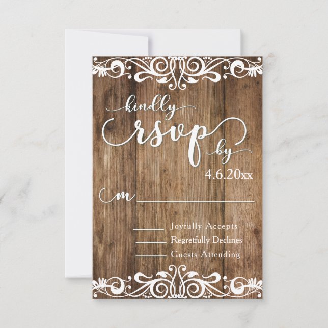 Rustic Brown Wood with Lacy Scrollwork RSVP Card (Front)
