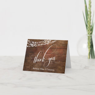 Rustic Brown Wood with White Light Strings Elegant Thank You Card