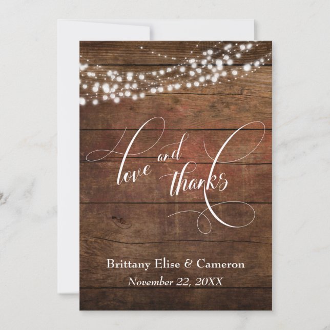 Rustic Brown Wood with White Light Strings Thank You Card (Front)