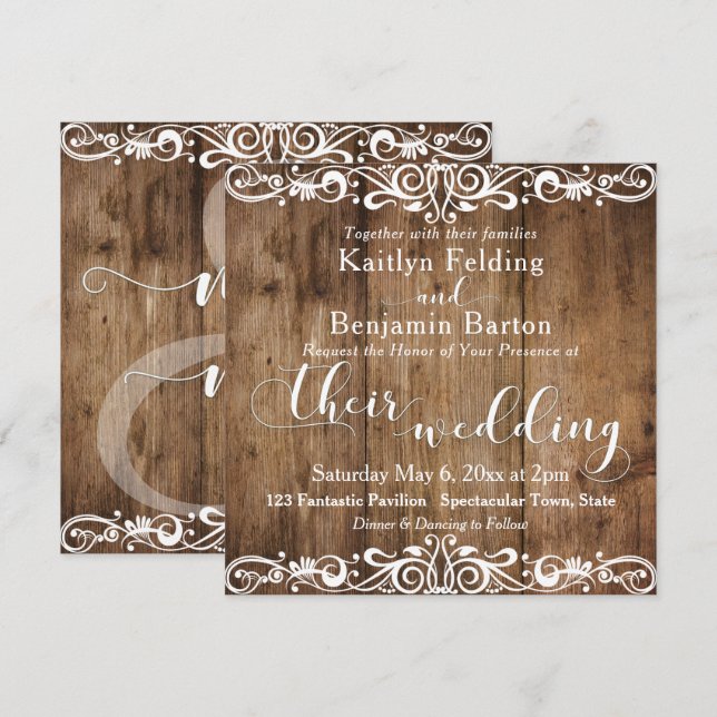 Rustic Brown Wood with White Typography Wedding 2b Invitation (Front/Back)