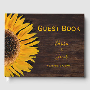 Rustic Brown Wood Yellow Sunflower Wedding Guest Book