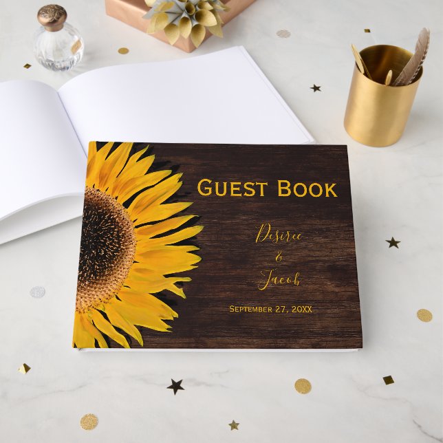 Rustic Brown Wood Yellow Sunflower Wedding Guest Book (Front Open)