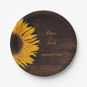 Rustic Brown Wood Yellow Sunflower Wedding Paper Plate