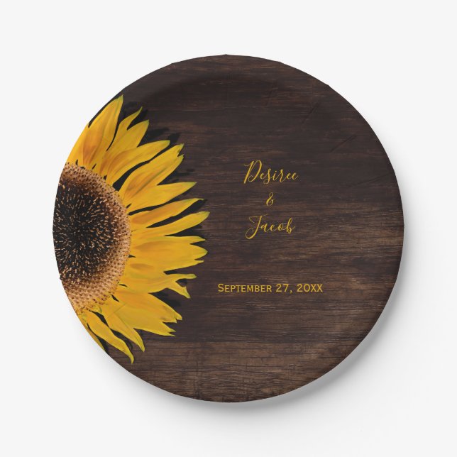 Rustic Brown Wood Yellow Sunflower Wedding Paper Plate (Front)