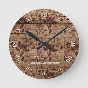 Rustic Brown Wooden Fall Pattern Family Name Round Clock