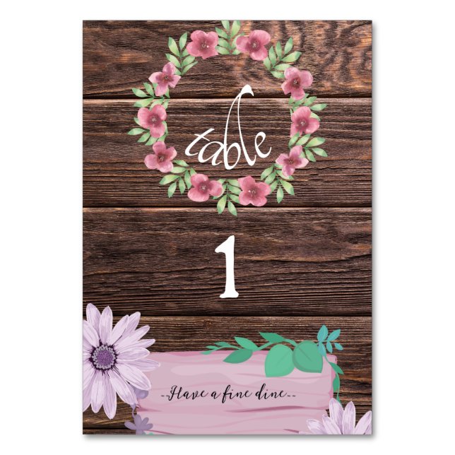 Rustic brown wooden monogram Table number card (Front)