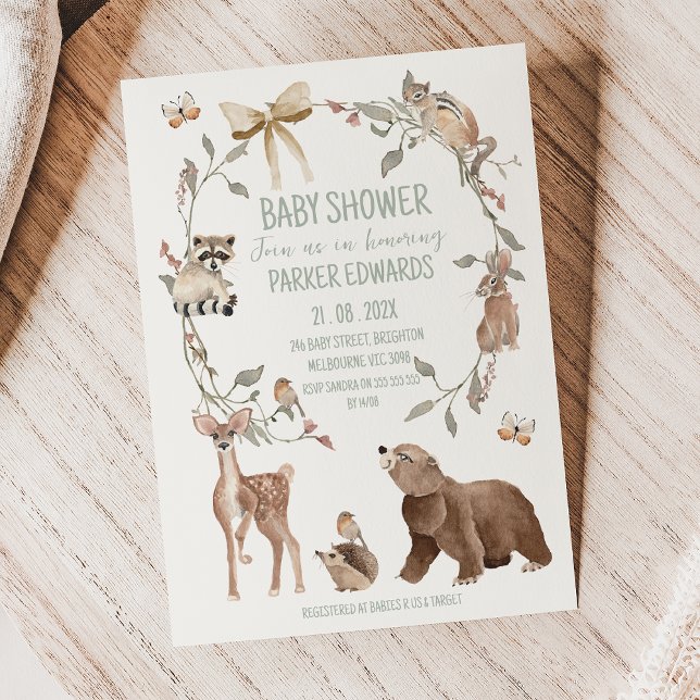Rustic Brown Woodland Baby Shower Invitation (Gender Neutral Woodland Baby Shower Invitation Template, Woodland Animal Baby Shower Invite, Rustic )