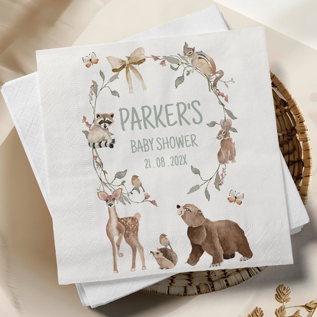 Rustic Brown Woodland Baby Shower Paper Napkin (Woodland Baby Shower Napkin, Rustic Woodland Animals Baby Shower Napkin, Personalized, Decor)