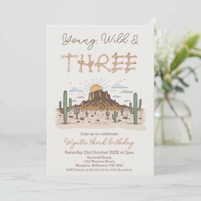 Rustic Brown Young Wild and Three 3rd Birthday Invitation (Standing Front)