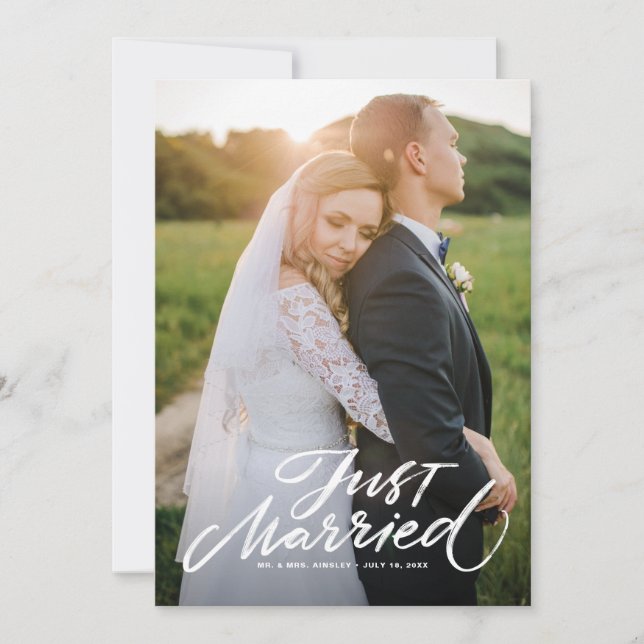 Rustic Brush Lettering Just Married Overlay Photo Thank You Card (Front)
