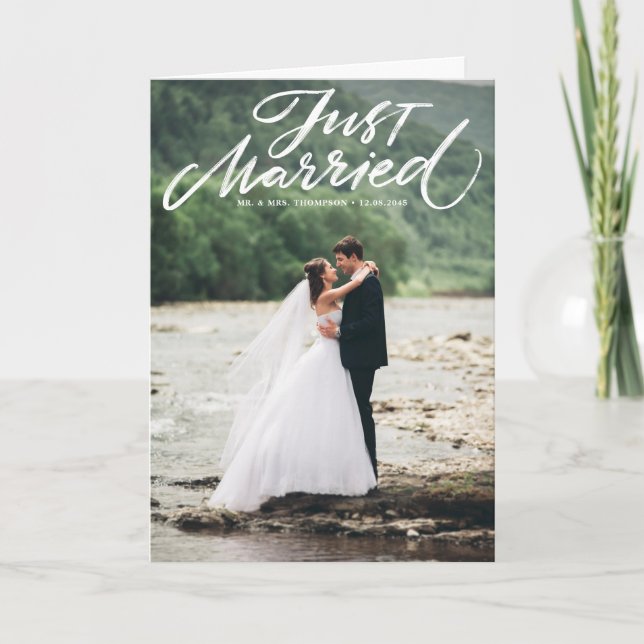 Rustic Brush Lettering Just Married Photo Thank You Card (Front)