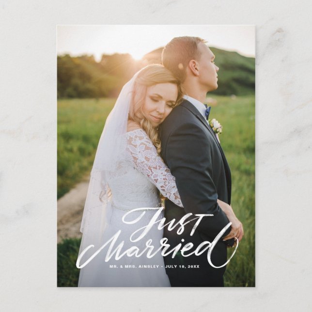Rustic Brush Lettering Just Married Vertical Photo Postcard (Front)