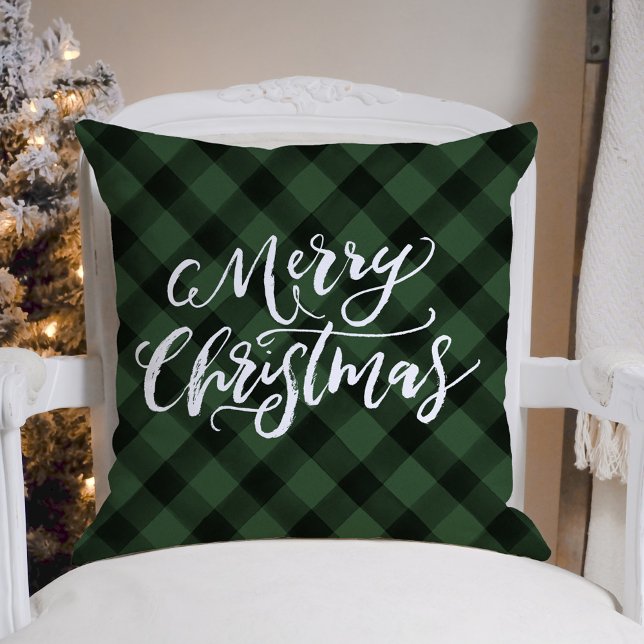 Rustic Brush Script Merry Christmas Green Plaid Cushion (Creator Uploaded)