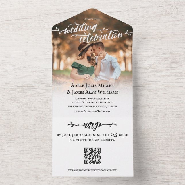Rustic Brush Script Photo Wedding QR RSVP All In One Invitation (Inside)