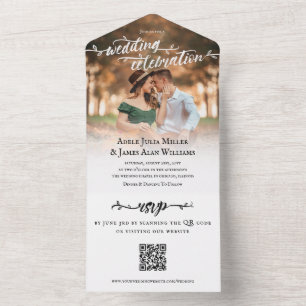 Rustic Brush Script Photo Wedding QR RSVP All In One Invitation