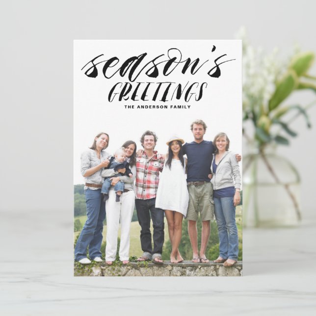 Rustic Brush Typography Season's Greeting Photo Holiday Card (Standing Front)