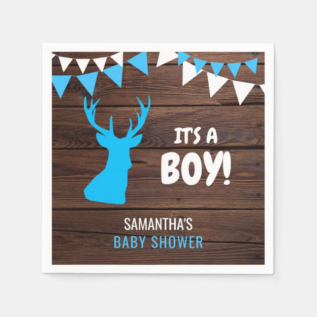 Rustic Buck Deer Wood Theme Blue Boy Baby Shower Napkin (Front)