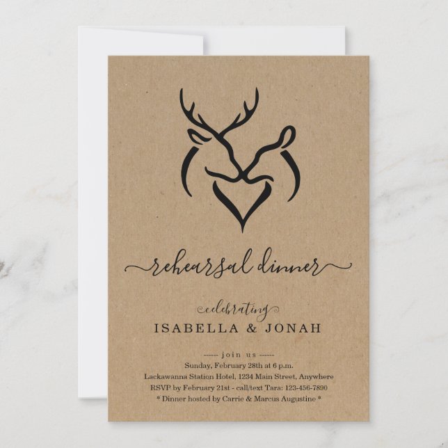 Rustic Buck & Doe Deer Antlers Rehearsal Dinner Invitation (Front)