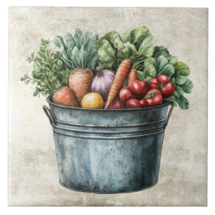 Rustic Bucket full of Vegetables Tile