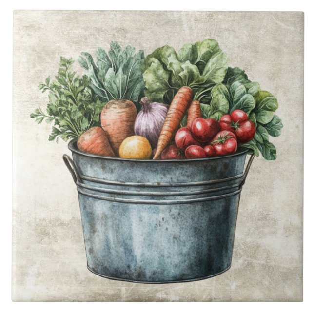 Rustic Bucket full of Vegetables  Tile (Front)