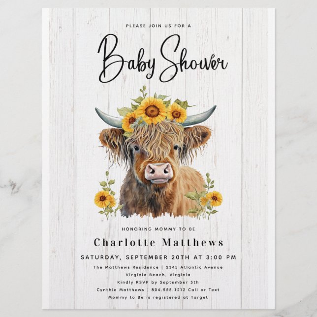 Rustic Budget Floral Cow Bridal Shower Invitation  Flyer (Front)