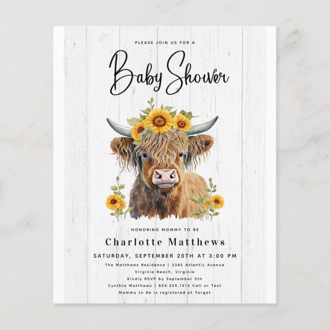 Rustic Budget Floral Cow Bridal Shower Invitation  Flyer (Front)