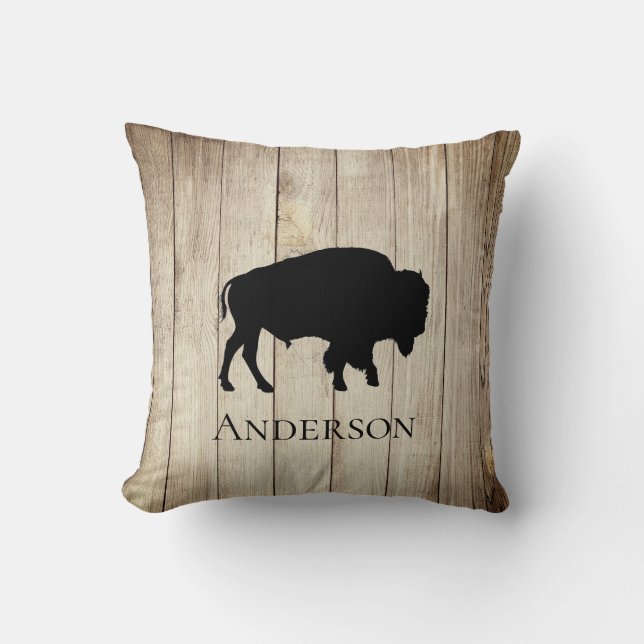 Rustic Buffalo Bison On Wood  Cushion (Front)