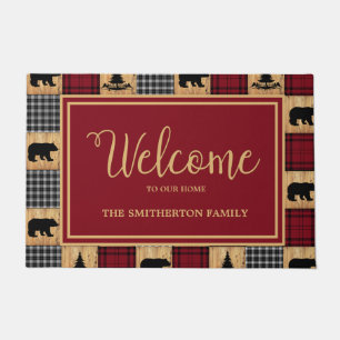Rustic Buffalo Check Bears Trees Wood Red Black Doormat