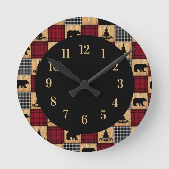 Rustic Buffalo Check Bears Trees Wood Red Black Round Clock (Front)