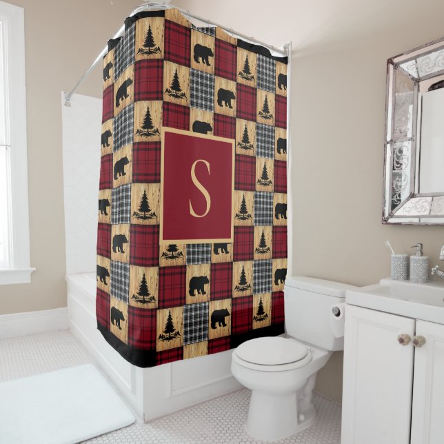 Rustic Buffalo Check Bears Trees Wood Red Black Shower Curtain (In Situ)