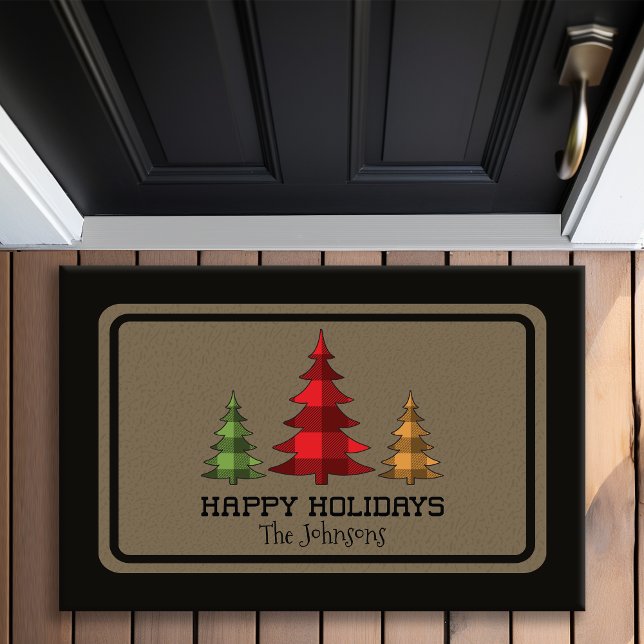 Rustic Buffalo Check Christmas Trees Customisable Doormat (Creator Uploaded)