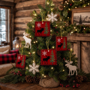 Rustic Buffalo Check Moose Cabin Holiday Decor Ceramic Ornament