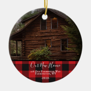 Rustic Buffalo Check NEW HOME Photo Christmas Ceramic Tree Decoration