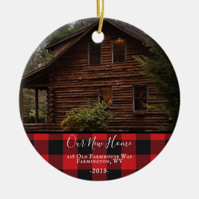 Rustic Buffalo Check NEW HOME Photo Christmas Ceramic Tree Decoration (Front)