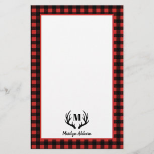 Rustic Buffalo Check Plaid & Black Antlers Stationery