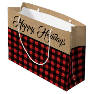 Rustic Buffalo Check Plaid & Faux Kraft Christmas Large Gift Bag