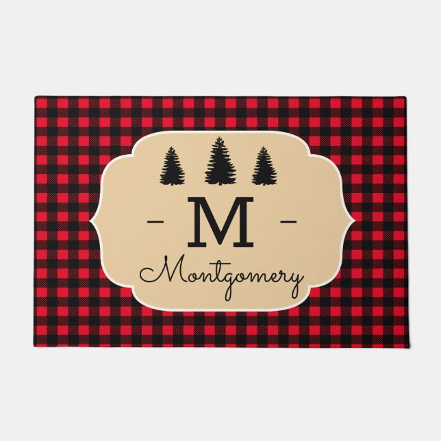 Rustic Buffalo Check Plaid & Forest Trees Doormat (Front)