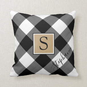 Rustic Buffalo Check Plaid Monogram Script Name Cushion