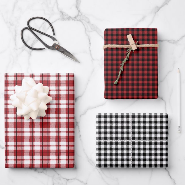 Rustic Buffalo Check Plaid Red Black White Wrapping Paper Sheet (Front)