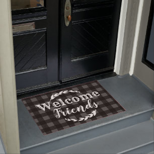 Rustic Buffalo Check Plaid Welcome Friends Grey Doormat
