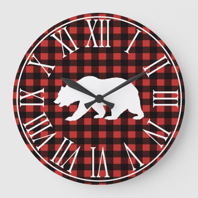 Rustic Buffalo Check Plaid & White Bear Silhouette Large Clock (Front)