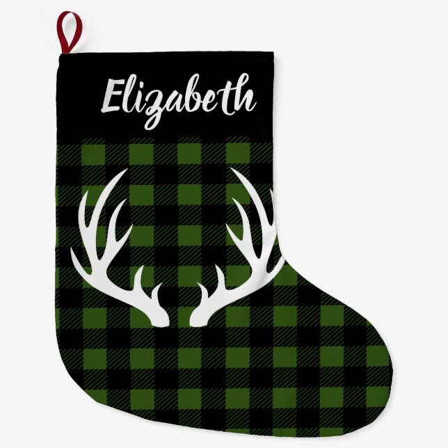 Rustic Buffalo Check Plaid & White Deer Antlers Large Christmas Stocking (Front)