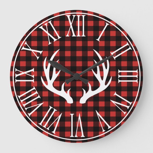 Rustic Buffalo Check Plaid & White Deer Antlers Large Clock (Front)