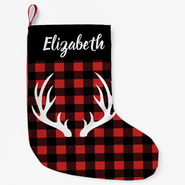 Rustic Buffalo Check Plaid & White Deer Antlers Small Christmas Stocking (Front)