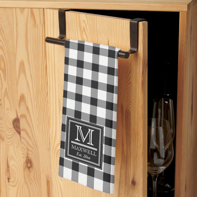 Rustic Buffalo Checks | Plaid Monogram Name Year K Tea Towel (Thirds Fold)