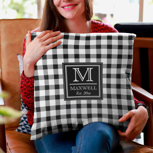 Rustic Buffalo Checks   Plaid Monogram Name Year T Cushion